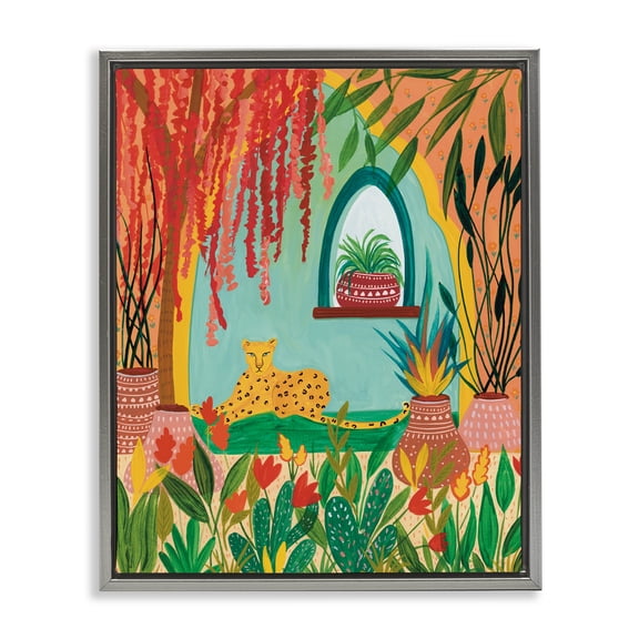 Lone Leopard Among Botanicals Gray Framed Floater Canvas Wall Art, design by Nabeela Rumi