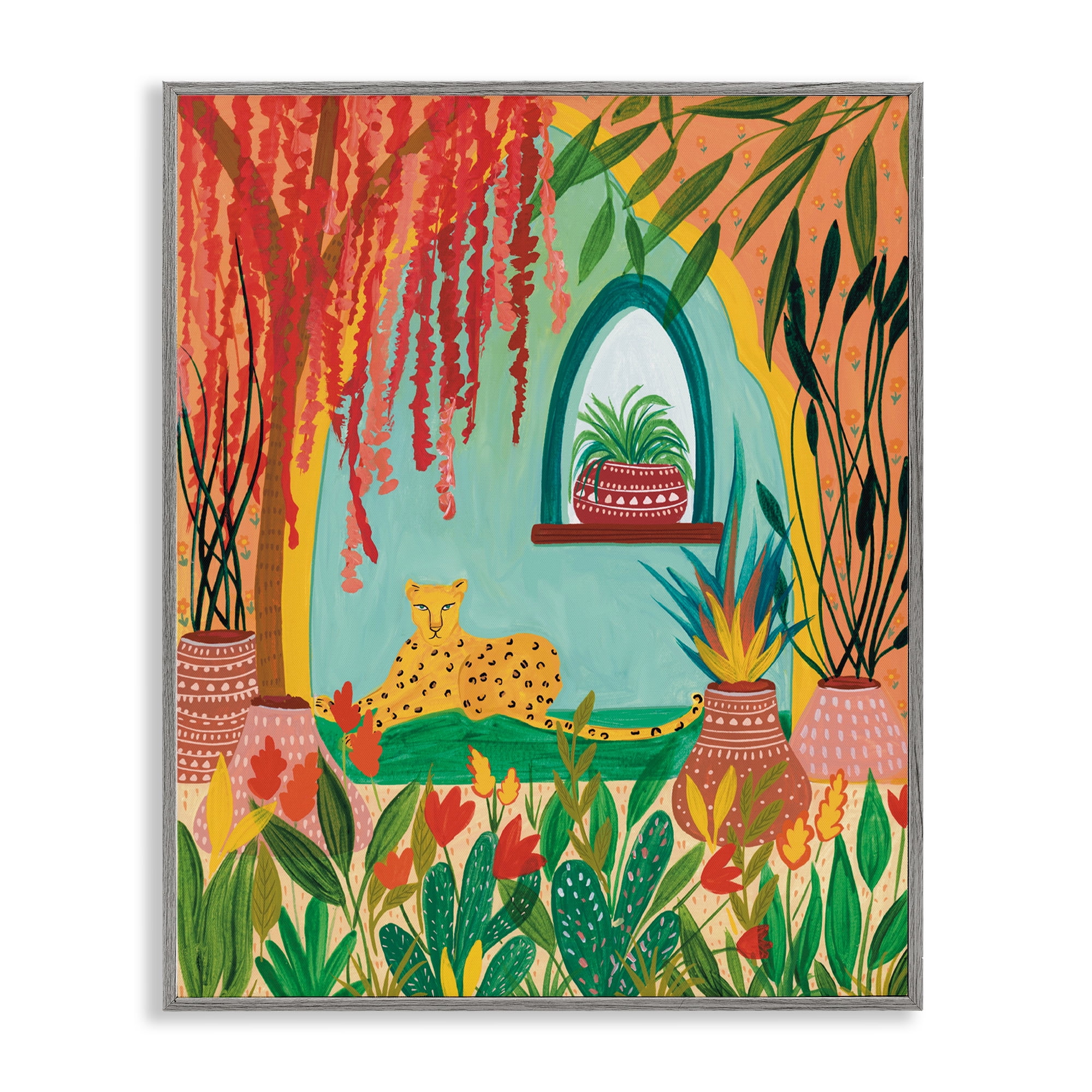 Lone Leopard Among Botanicals Gray Framed Giclee Art, design by Nabeela Rumi