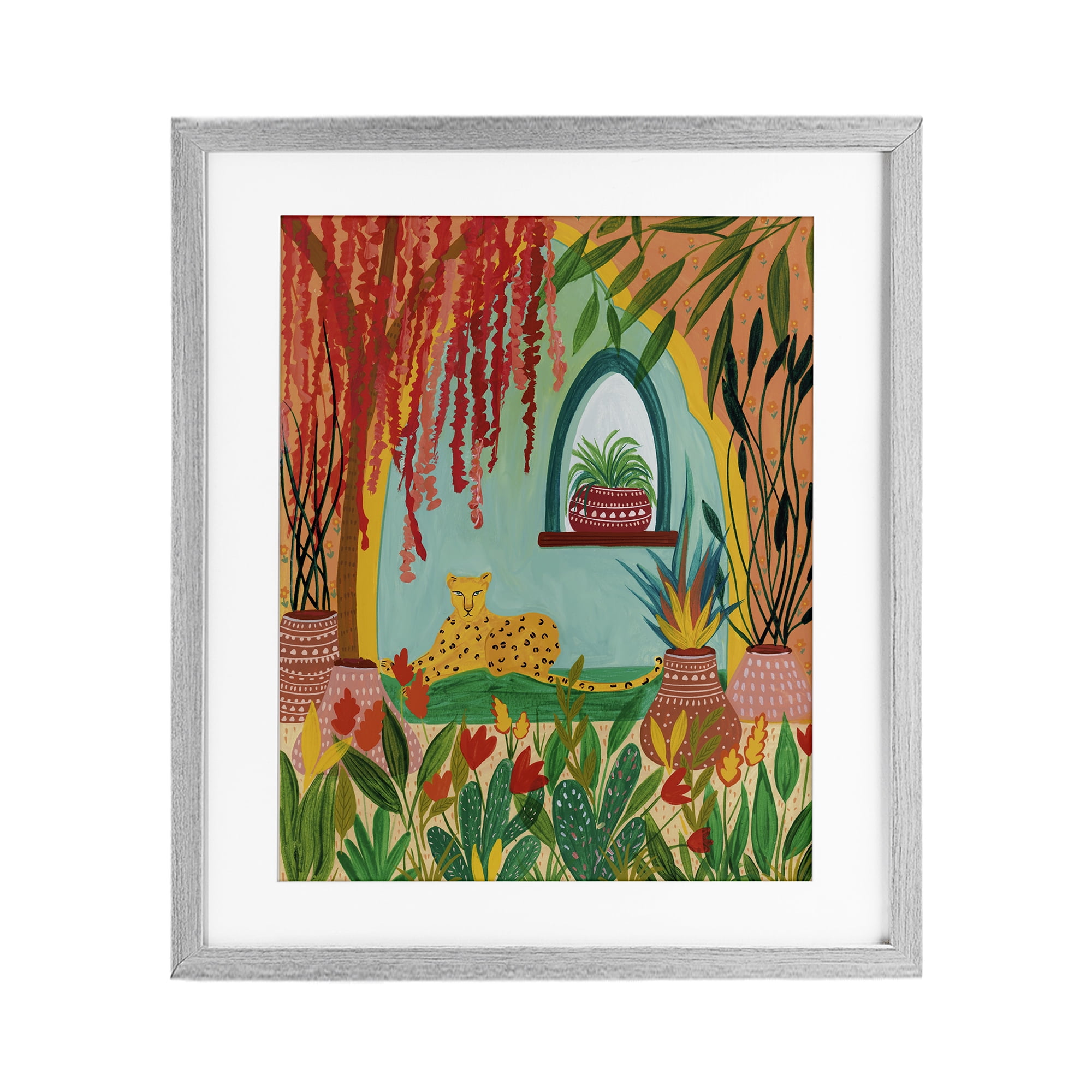 Lone Leopard Among Botanicals Gray Framed Print Under Glass, design by Nabeela Rumi