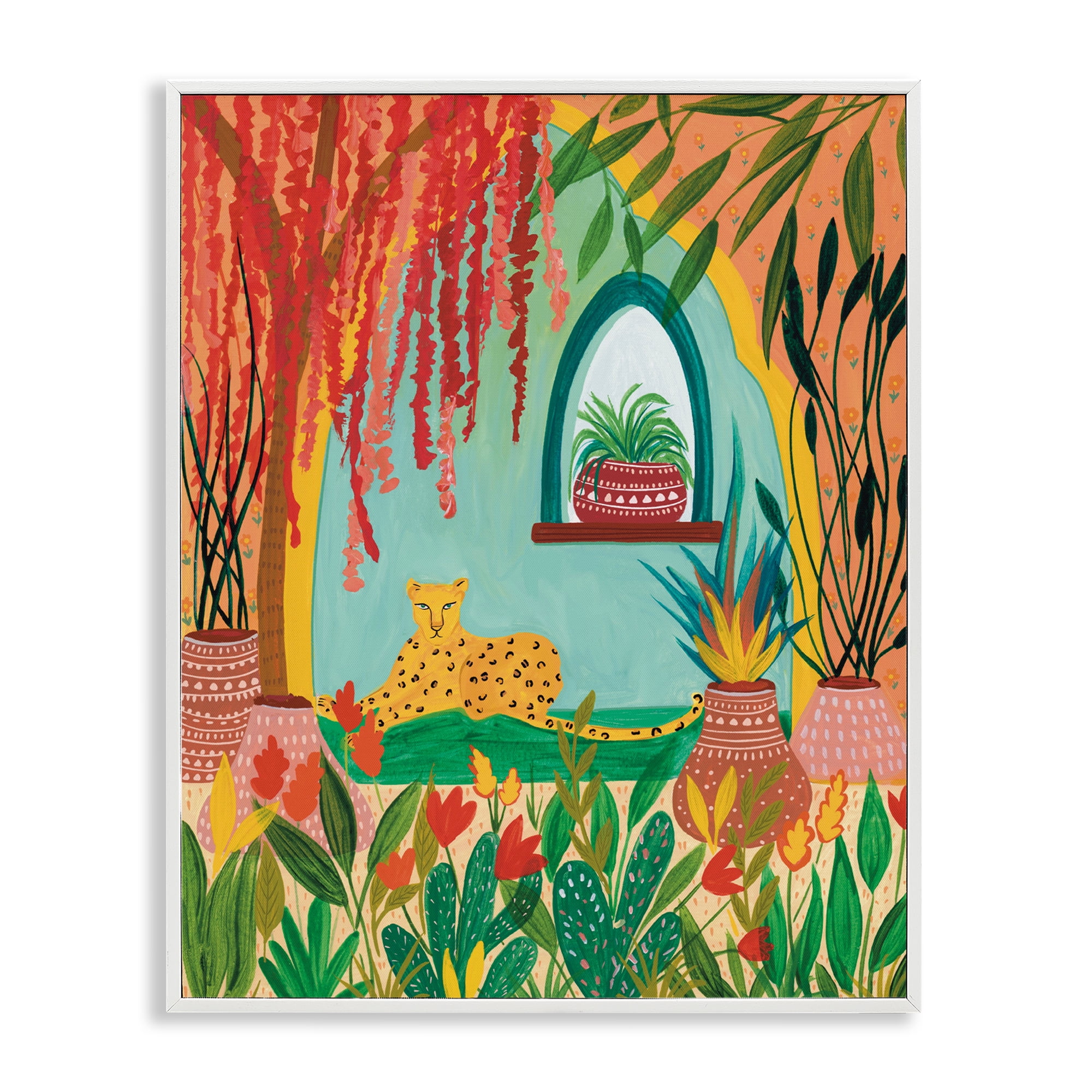 Lone Leopard Among Botanicals White Framed Giclee Art, design by Nabeela Rumi