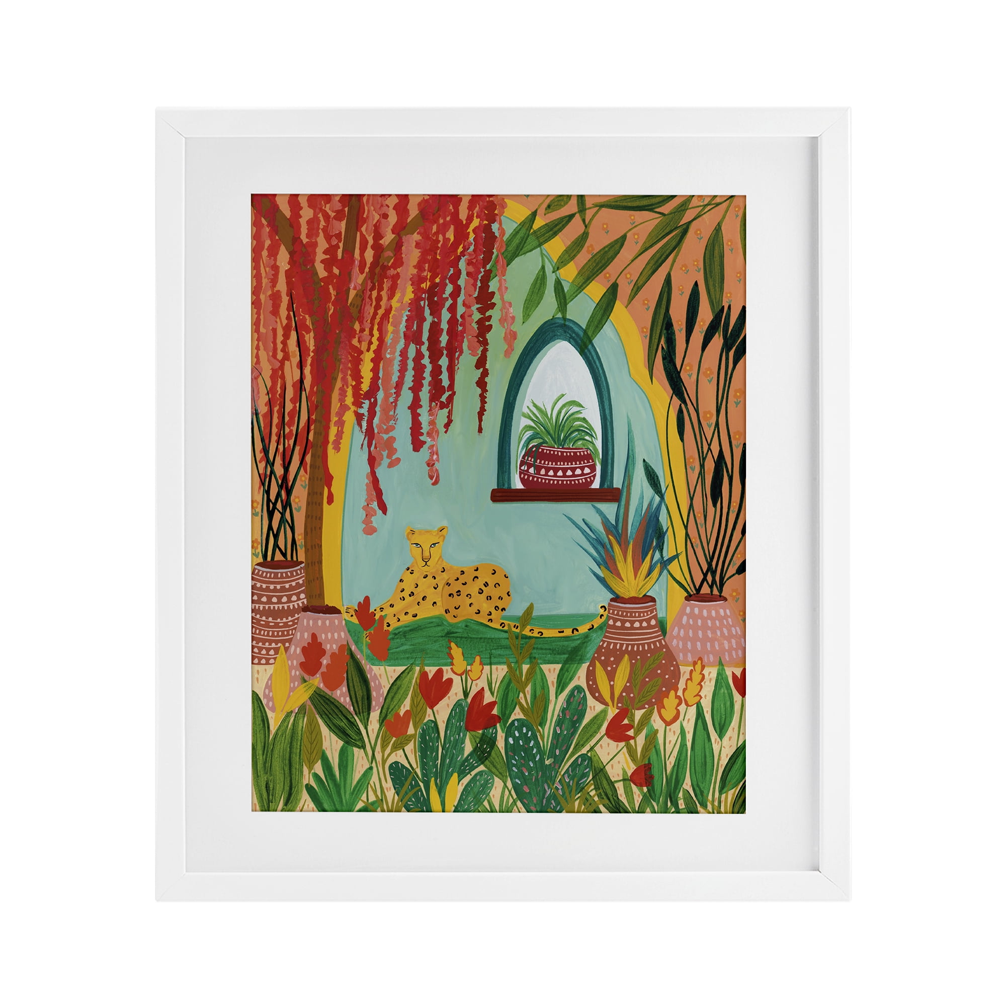 Lone Leopard Among Botanicals White Framed Print Under Glass, design by Nabeela Rumi