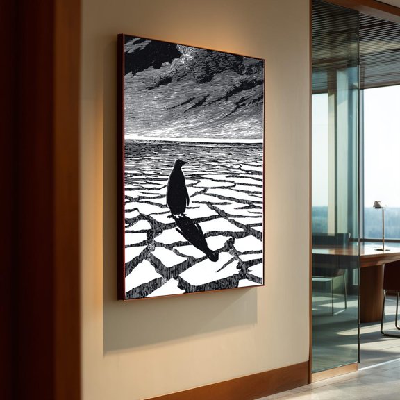 Lone Nihilist Penguin Wall Art Print Ice Shadow Illusion Minimalist Decoration, Unframed Paper Poster 8x10in