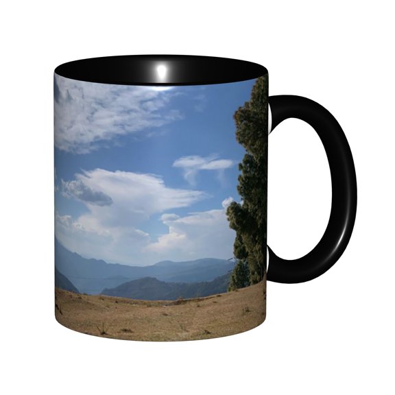 Lone Pine Tree Grassy Mountain Meadow Fluffy White Clouds Clear Blue Sky Highland Hills Landscape Ceramic Mug 11oz, Peaceful Mountain Nature Coffee Cup