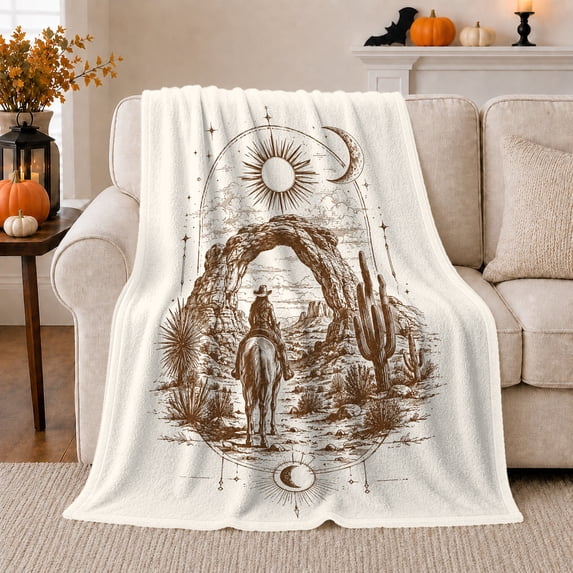 Lone Rider under Desert Arch with Sun and Moon Symbols, Mystical Western Sketch for Outdoor Enthusiasts, Birthday Gift, Soft Flannel Blanket for Cabin and Study Room, Rustic Home Decor