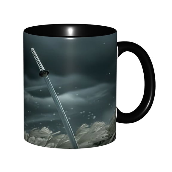 Lone Samurai Katana Sword White Pampas Grass Moody Snowy Dark Sky Japanese Warrior Art Ceramic Mug 11oz, Minimal Samurai Aesthetic Coffee Cup, Microwave Safe Gift for Anime & Bushido Fans