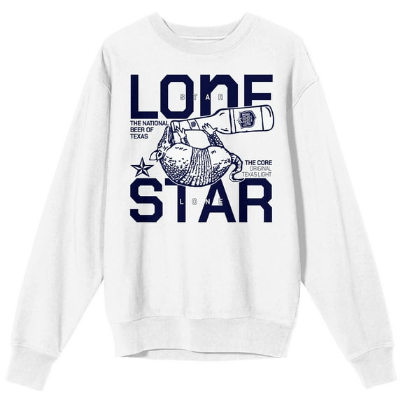Lone Star Armadillo Drinking Beer Crew Neck Long Sleeve Adult White Sweatshirt-XL