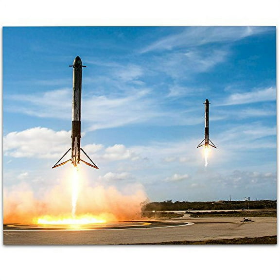 Lone Star Art SpaceX Falcon Heavy Boosters Landing - 11x14 Unframed Print - Great Gift For Space Lovers and Astronomers