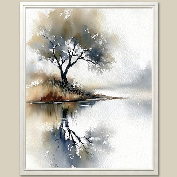 Lone Tree Art Print Lakeside Reflection Minimal Landscape Wall Art Neutral Decor