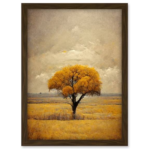 Lone Tree Autumn Landscape Gold Yellow Mustard Artwork Framed Wall Art Print A4