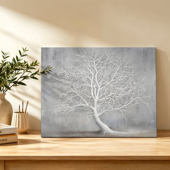Lone Tree Canvas Wall Art, Rustic Vintage Nature Gray Botanical Oil Painting Wall Art Prints Artwork Framed Canvas Ready to Hang Art Pictures for Bathroom Bedroom Entry Desk Corner 10" x 8"