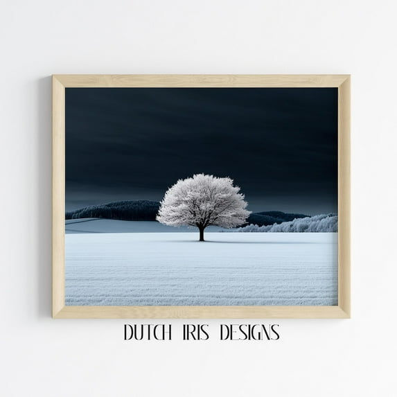 Lone Tree In Snowy Field Art, Winter Landscape, Moody Neutral Wall Decor, Rustic Nature Scene, 120 Home Decor #1361, Unframed Poster Size 16x24