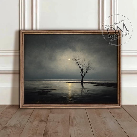 Lone Tree Moonlit Water Wall Art Print, Misty Night Landscape Decor
