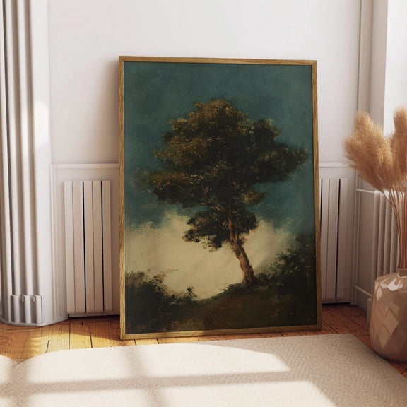 Lone Tree Print, Vintage Moody Oil Painting Poster, Dark Green Nature Wall Art, Antique Landscape Decor, Rustic Botanical, Tree Art, Print, Unfreamed 12x18