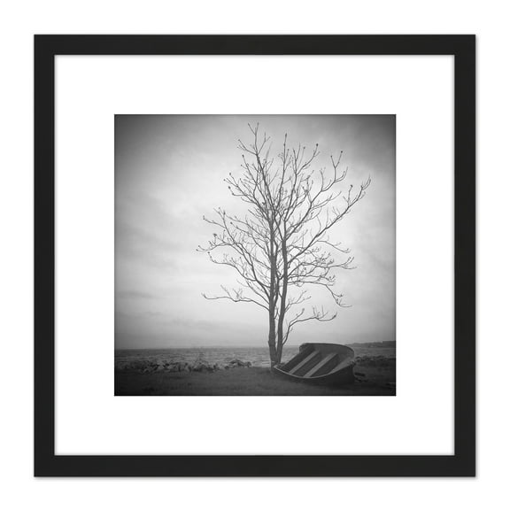 Lone Tree Silhouette Greyscale Photo 8X8 Inch Square Wooden Framed Wall Art Print Picture with Mount