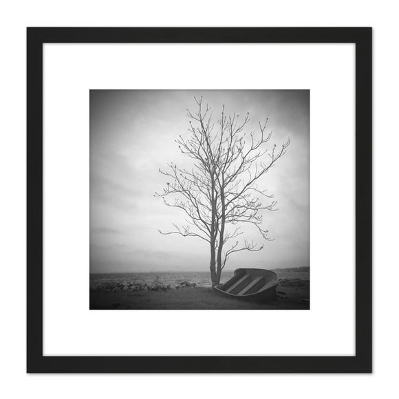 Lone Tree Silhouette Greyscale Photo 8X8 Inch Square Wooden Framed Wall Art Print Picture with Mount