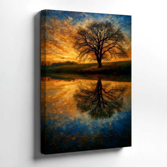 Lone Tree Sunset Reflection Landscape Nature Rustic Boho Wall Art, Studio And Gallery Wall Decor