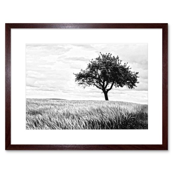 Lone Tree Wheat Field Black White Framed Wall Art Print