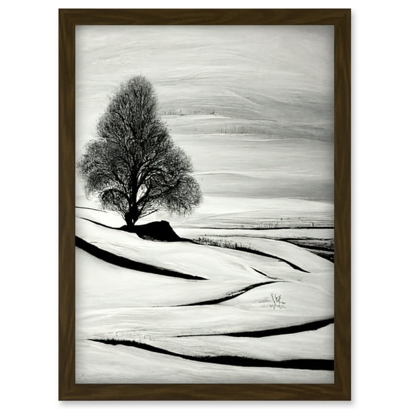 Lone Tree Winter Landscape Illustration Black White Artwork Framed Wall Art Print A4