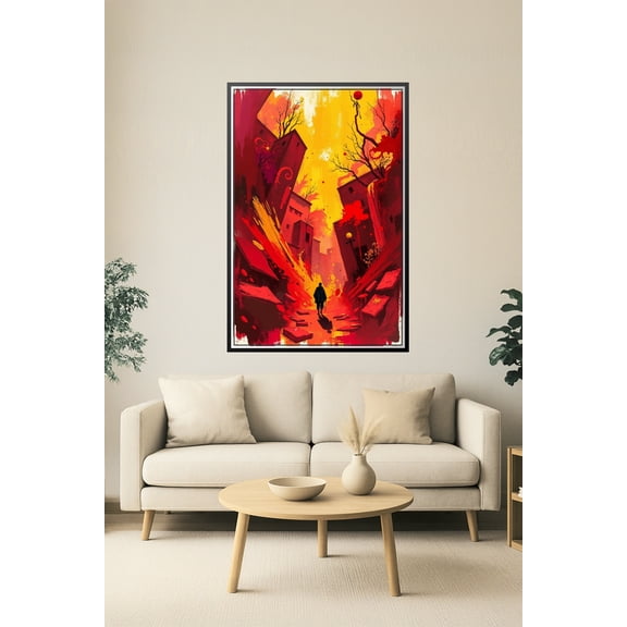 Lone Wanderer in Flame-Torn City – Surreal Apocalyptic Art Poster 【Rolled Canvas】