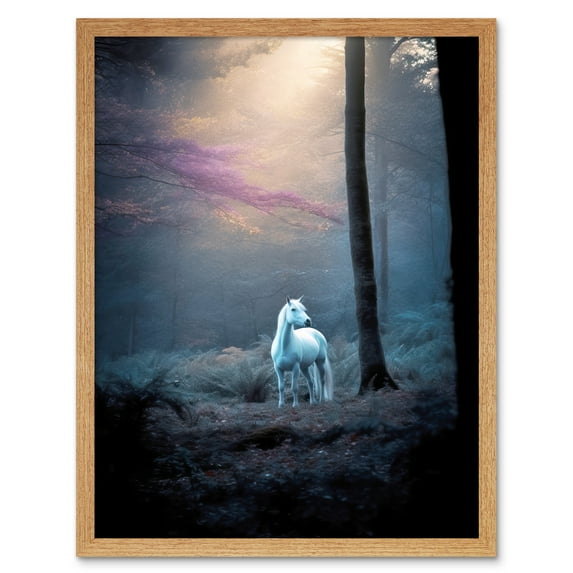 Lone White Forest Horse Photograph Enchanted Landscape Sunbeam Art Print Framed Poster Wall Decor 12x16 inch