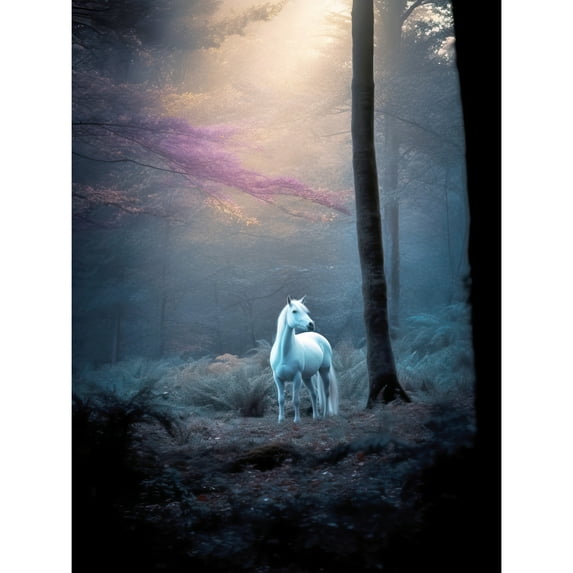 Lone White Forest Horse Photograph Enchanted Landscape Sunbeam Large Wall Art Poster Print Thick Paper 18X24 Inch