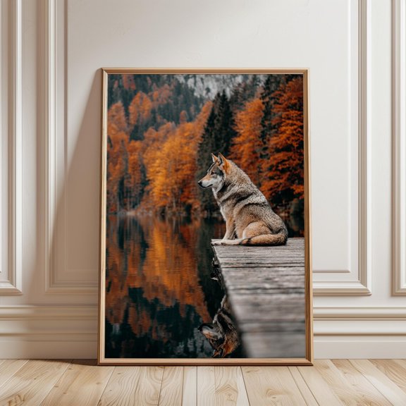 Lone Wolf Autumn Forest Reflection Wildlife Wall Art Print, Unframed Paper Print