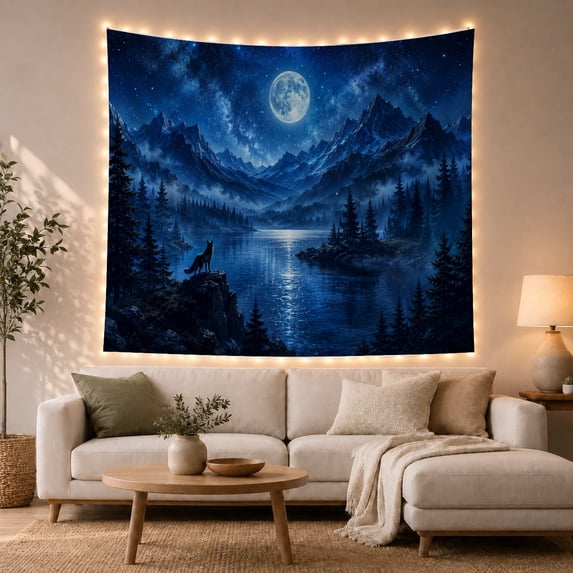 Lone Wolf Under Full Moon Nocturnal Wilderness Landscape Mystical Fantasy for Nature Lovers Wildlife Wall Art Housewarming Gift Tapestry Wall Hanging for Bedroom, Living Room and Dorm