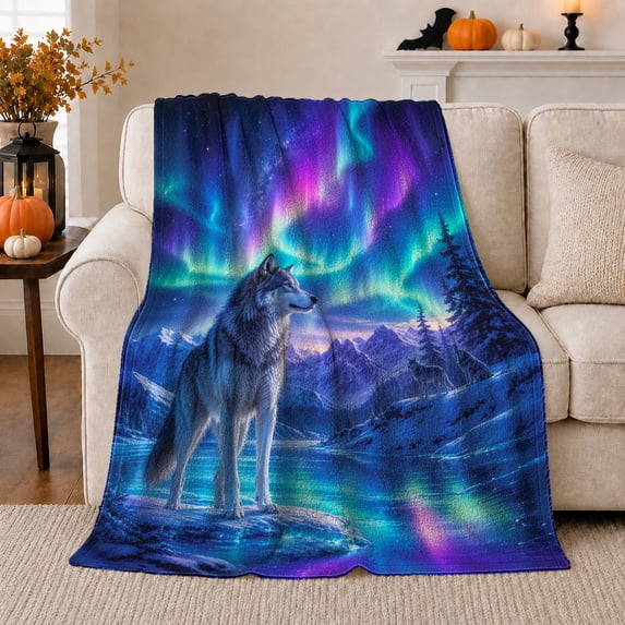 Lone Wolf by Lake under Aurora Sky, Majestic Wildlife Style for Wolf Lovers, Northern Mountain Scene and Christmas Gift, Soft Flannel Blanket for Cabin and Bedroom, Home Decor
