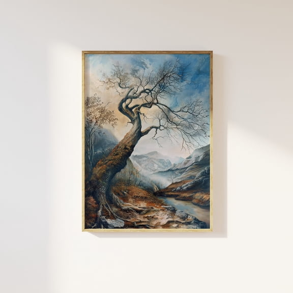Lone tree leaning into the Valley art print | Mountains, nature in the valley, tree with no leaves, moody scenery with river, adventure art