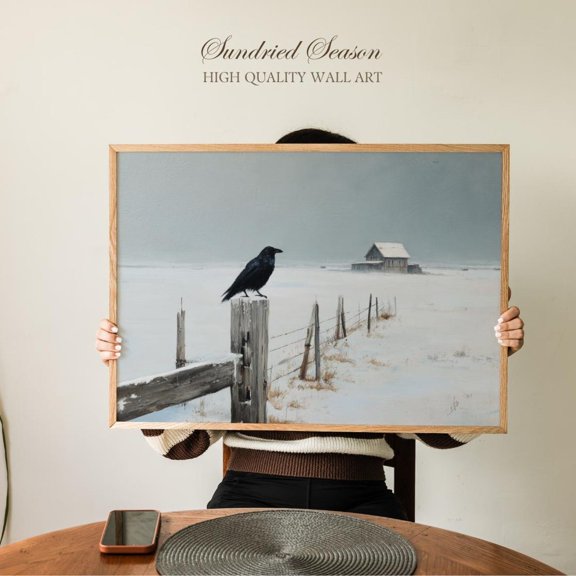 Lonely Crow Snowy Prairie Art Minimal Rustic Winter Landscape Cabin Decor