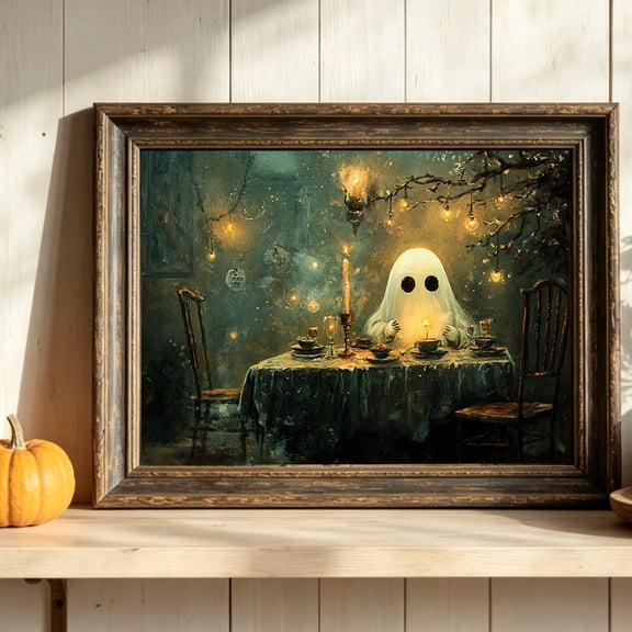 Lonely Ghost Dinner Poster Halloween Wall Art Canvas Print For Dark Academy Living Room Kitchen Decor Unframed