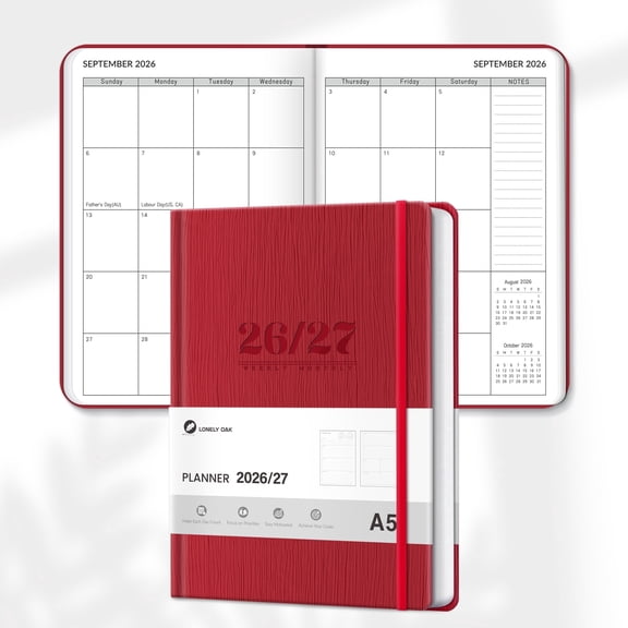 Lonely Oak A5 Weekly Planners & Appointment Book Kit with Ribbon Markers, Elastic Closure, 5.74 in x 8.4 in, Red