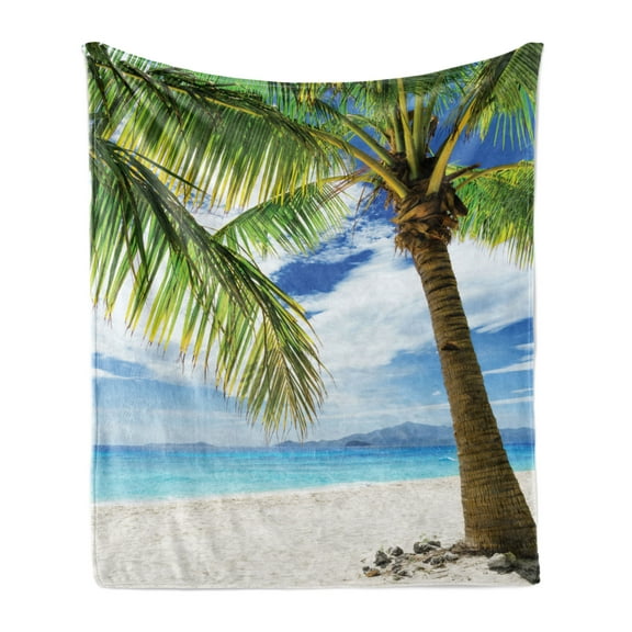 Lonely Palm Tree Soft Flannel Fleece Throw Blanket, Sandy Beach Isolated Philippines Hot Sunny Travel Destination, Cozy Plush for Indoor and Outdoor Use, 60" x 80", Coconut Green Blue, by Ambesonne
