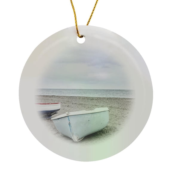 3drose, Lonely Rowing Boats on a Calm Beach, Circle Porcelain Ornament