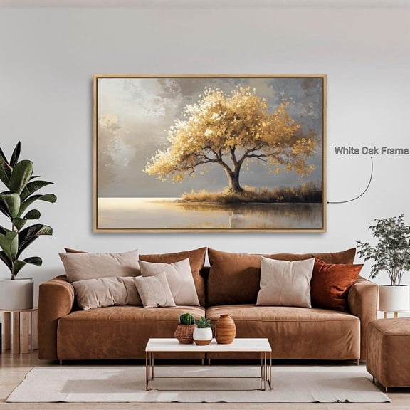 Lonely Tree By Water Poster Autumn Landscape Wall Art Golden Foliage Poster Nature Luxury Decor Ready To Hang, Unframed Poster Size 12x18