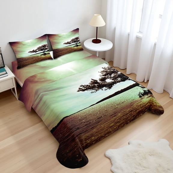 Lonely Tree Sheet Set, Wildlife Theme Picturesque Lakeside Photography Nature Silhouette Arrangement, Fitted and Flat Sheet Pillowcases Bedding Accent 4 Piece Set, Calking, Green Black, by Ambesonne