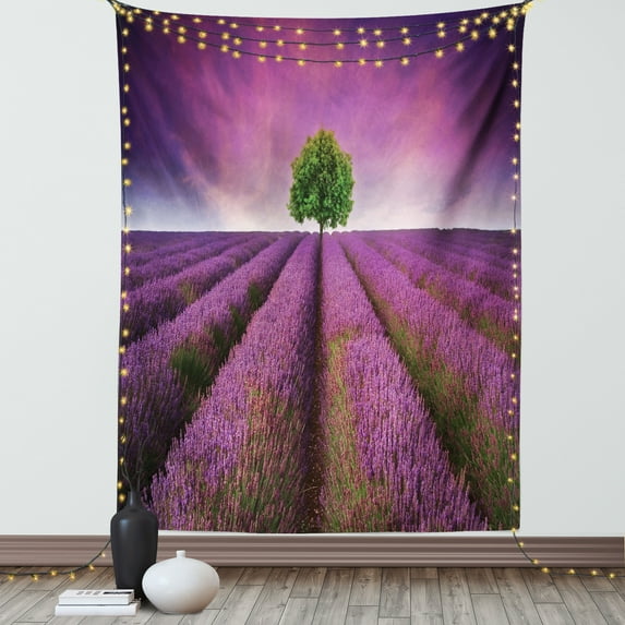 Lonely Tree Tapestry, Purple Toned Field with Spring Season Colors and a Tree in the Background, Wall Hanging for Bedroom Living Room Dorm Decor, 60W X 80L Inches, Purple and Green, by Ambesonne