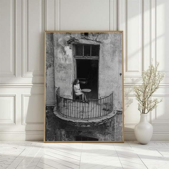 Lonely Woman Balcony Photo: Retro Urban Scene Art Poster, Size 8x12 UNFFRAMED F03.1.7l2071