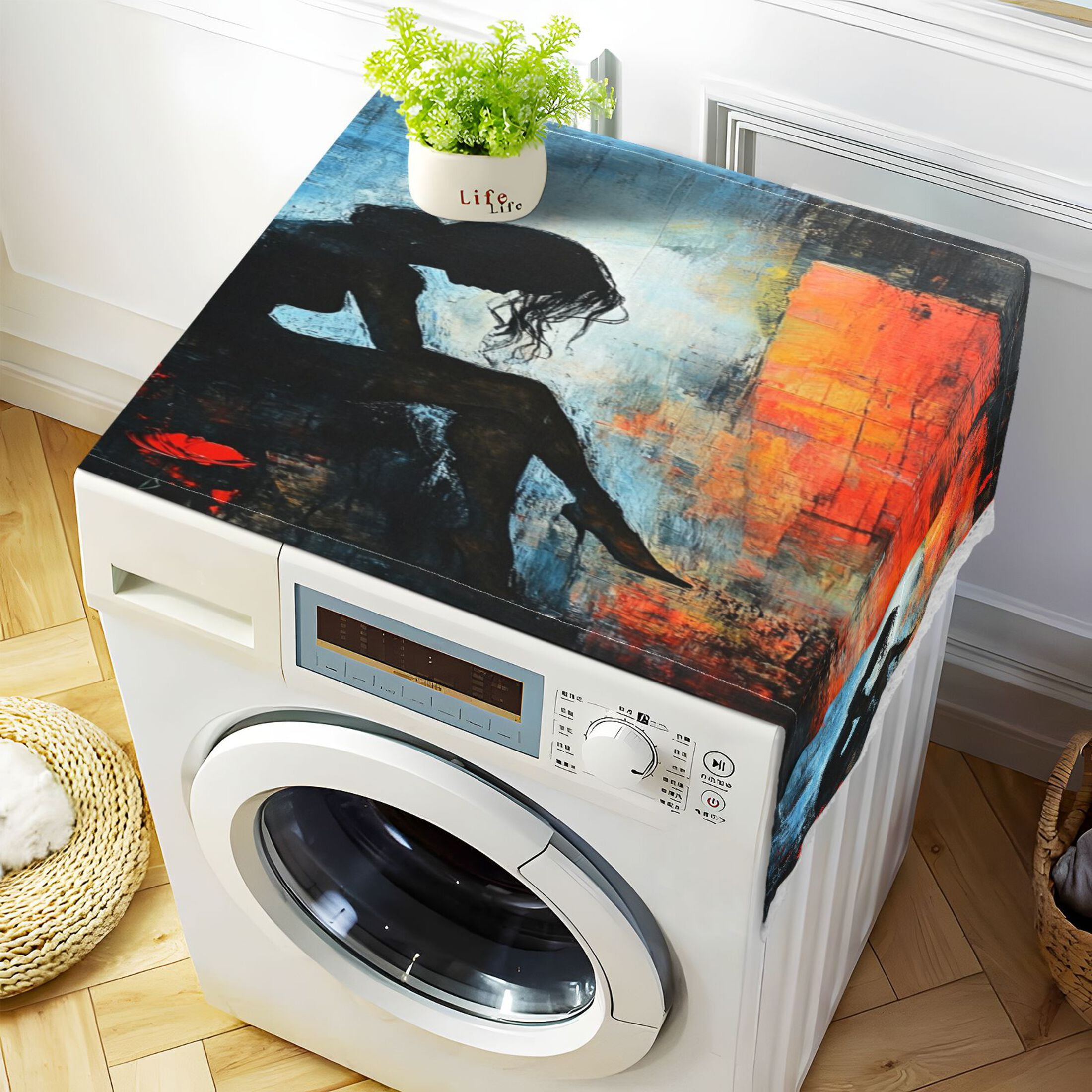 Lonely WomanWasher and Dryer Covers Dust-Proof and Oil Resistant Fridge Cover with 4 Storage Pockets Washing Machine Top Cover for Laundry Kitchen Home 51.2 x 22 In
