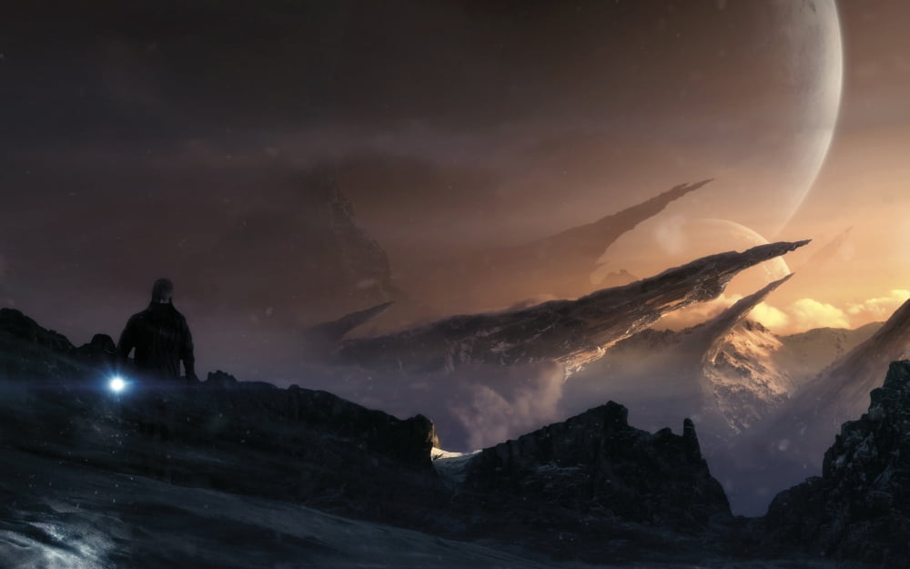 Lonely wanderer lost in the cold and icy mountains of an alien planet Canvas Art - Tobias RoetschStocktrek Images (36 x 23)