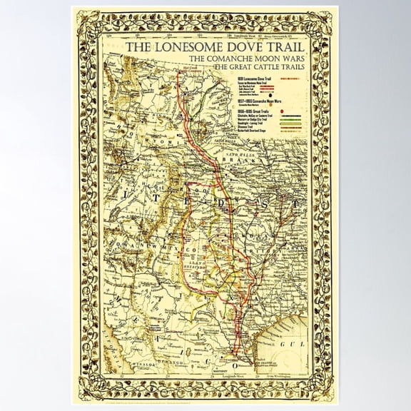 Lonesome Dove Trail Map To Montana Poster Wall Art Modern Wall Decor For Living Room Bedroom