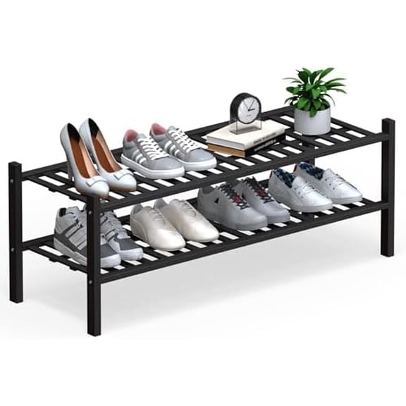 Long 2 Tier Bamboo Shoe Rack Storage Organizer, Multifunctional Free Standing Stackable Shoe Shelf with Grid Panel for Closet,Hallway,Entryway,Small Space 34.2"x11"x13"