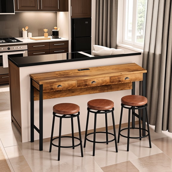 Long 3-Drawer Dining Table with Power Outlets and Circular PU Stools / Convenient Storage for Dining Essentials