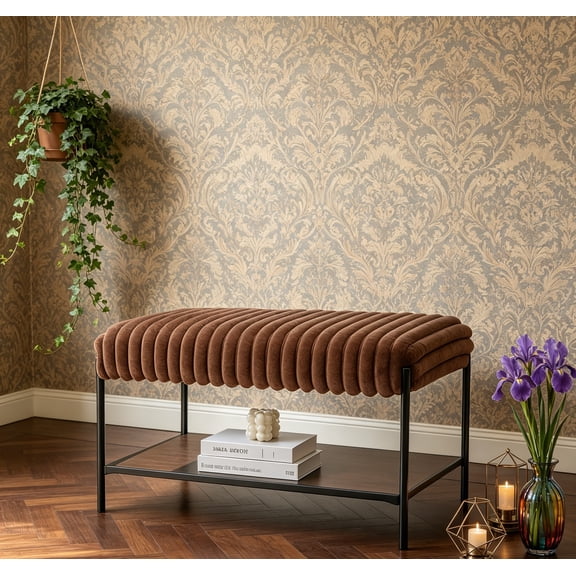Long , 30.7'' Faux Fur Storage Bench, Small Coffee Table for Foot Rest with Open Storage Shelf for Living Room, Brown