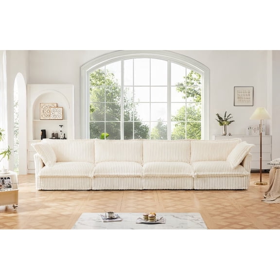 Long 4-Seater Sofa with Removable Cover, Extra Deep for Living Room, Cream Corduroy Fabric Cloud-Like Comfortable Slipcovered Sofa