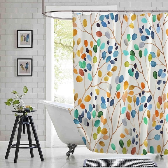 Long 72"x84" Colorful Leaves Spots on Branches Shower Curtain Set with Hooks,Abstract Ivory Color Background Bathroom Curtain,Waterproof Washable Fabric for Bathroom Decor