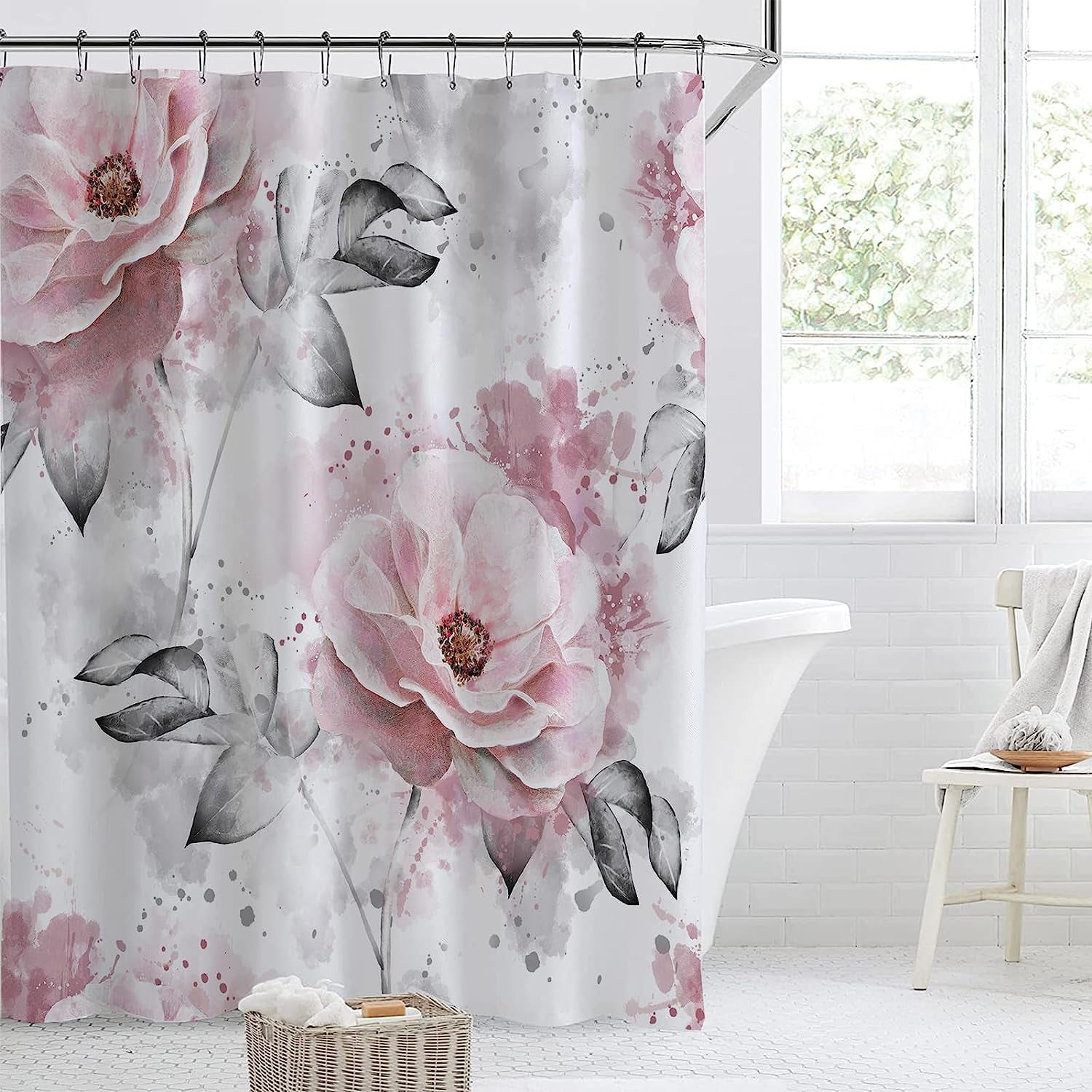 Long 72"x84" Pink Flowers and Grey Leaves Shower Curtain Set with Hooks