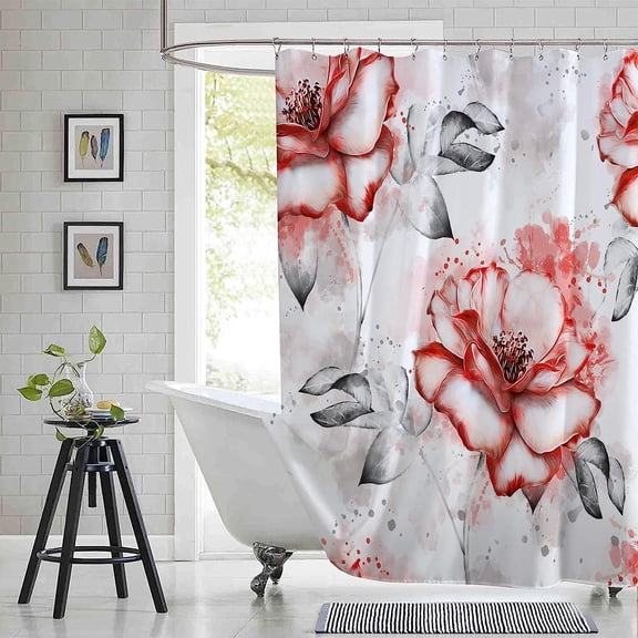 Long 72"x84" Red Flowers and Grey Leaves Shower Curtain Set with Hooks,Watercolor Rose Floral Bathroom Curtain,Waterproof Washable Fabric for Bathroom Decor