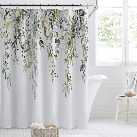 Long 72"x84" Sage Green Eucalyptus Shower Curtain Set with Hooks,Watercolor Plant Leaves with Floral Bathroom Curtain,Waterproof Washable Fabric for Bathroom Decor