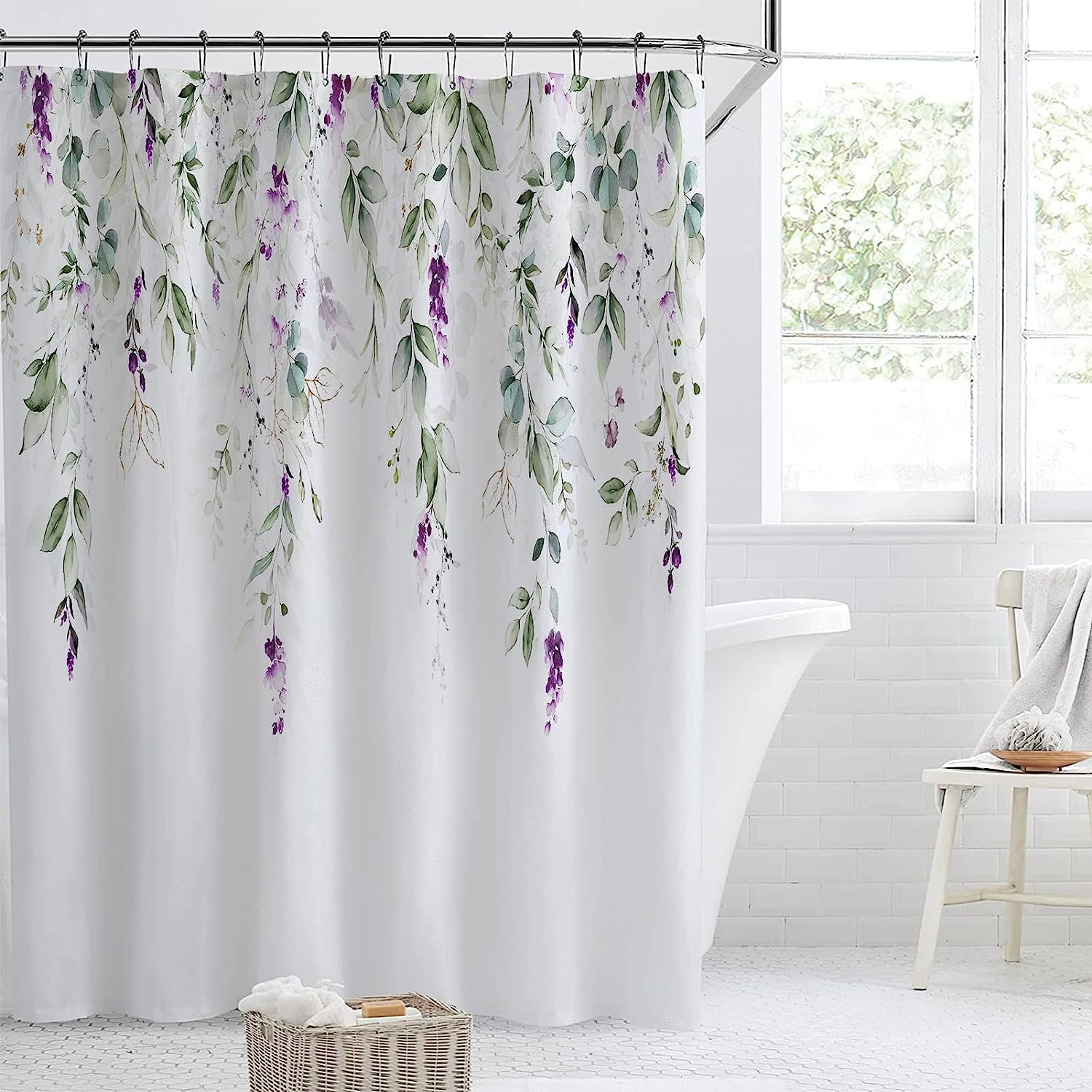Youyouplus Watercolor Floral Shower Curtain - 70.8x70.8 Inch, Waterproof Polyester, Green Leaves Pattern, 12 Hooks - View #11